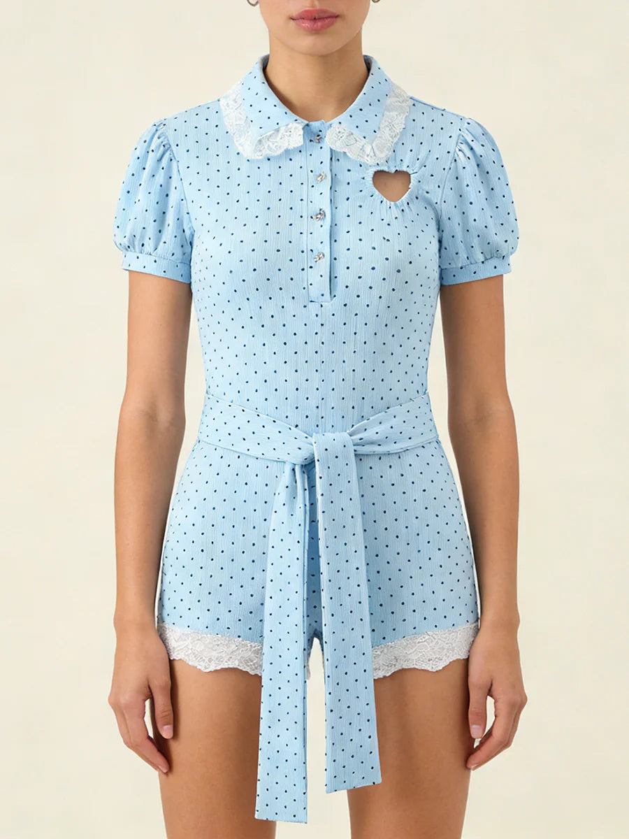 Dreamy Blue Polka Dot Puff Sleeve With Cutout Lace Trim