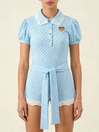 Dreamy Blue Polka Dot Puff Sleeve With Cutout Lace Trim