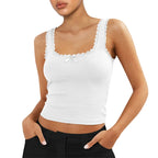 Coquette Lace Trim Knit Crop Top With Bow Sleeveless Square Collar