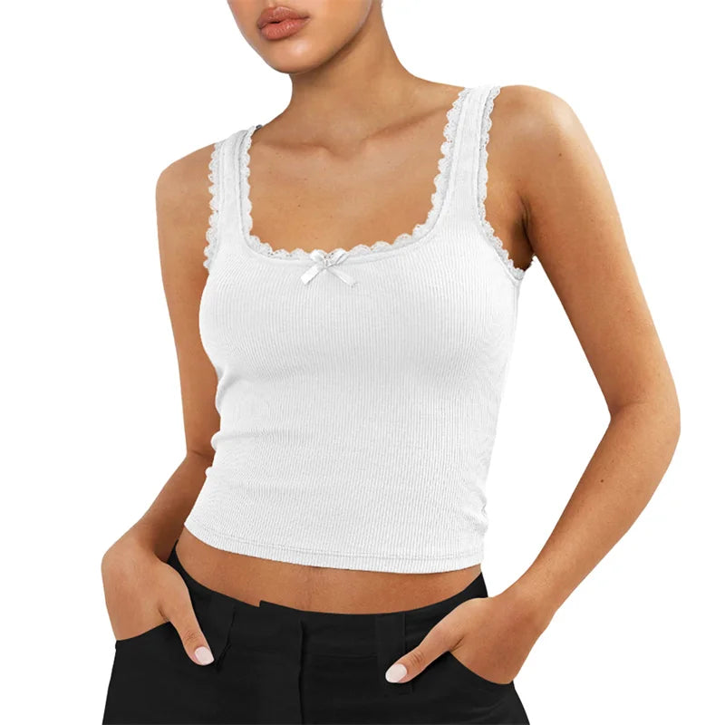 Coquette Lace Trim Knit Crop Top With Bow Sleeveless Square Collar