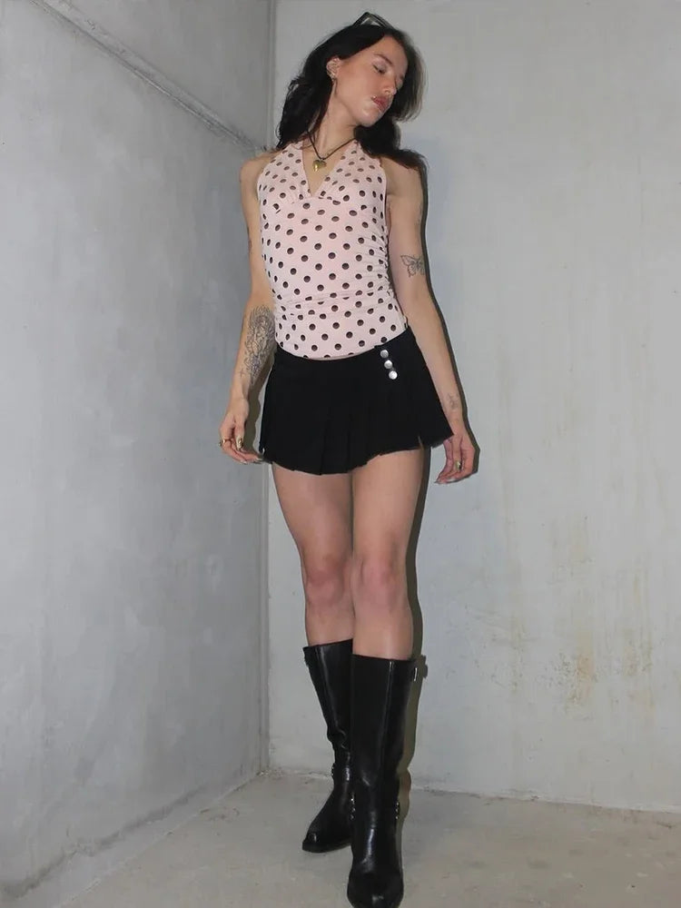 Polka Dot Halter Tank Top With Backless Lace Up Detail Chic Summer