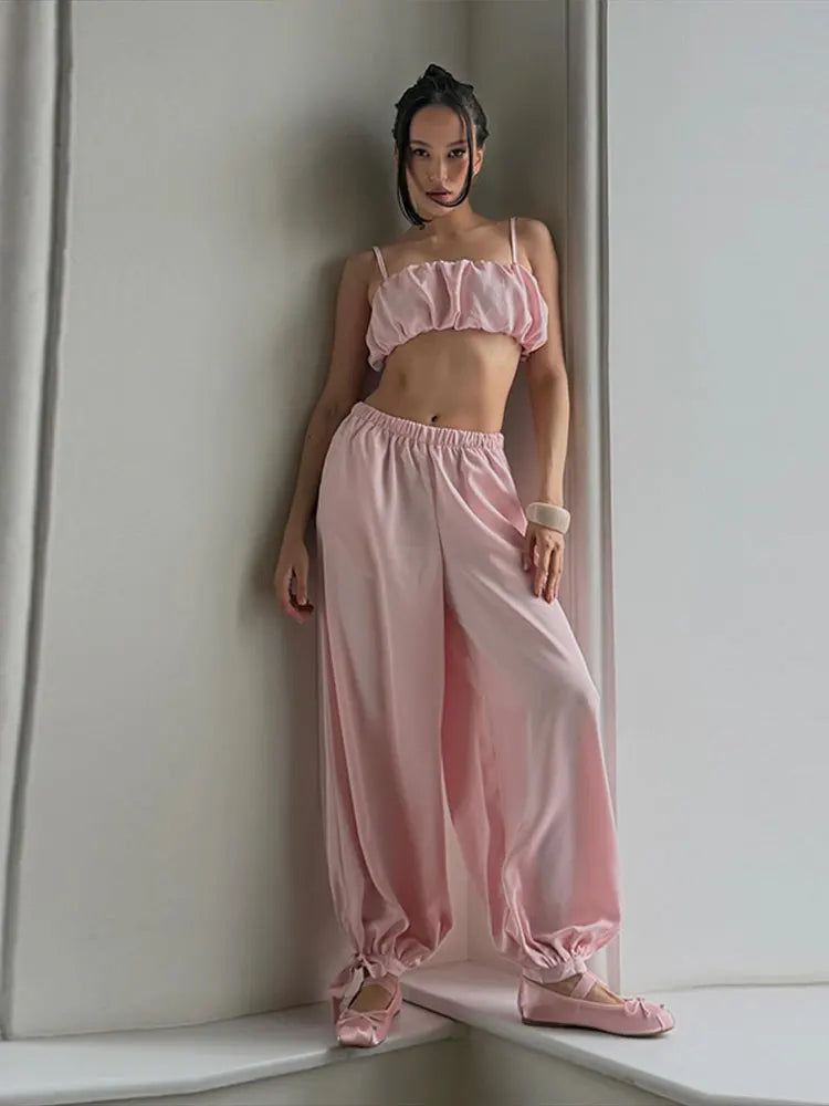 Women's Trousers 2 Pcs Suits Pleated Spaghetti Strap Cropped Tube Tops Elastic Waist Lace Up Pants