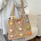 Boho Knitting Shoulder Bag With Floral Crochet