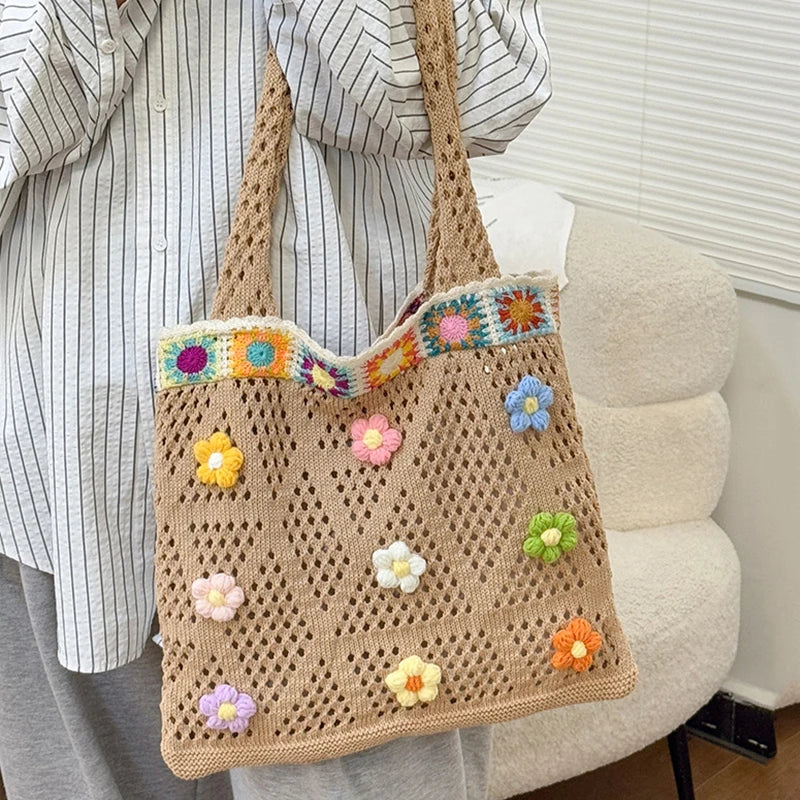 Boho Knitting Shoulder Bag With Floral Crochet