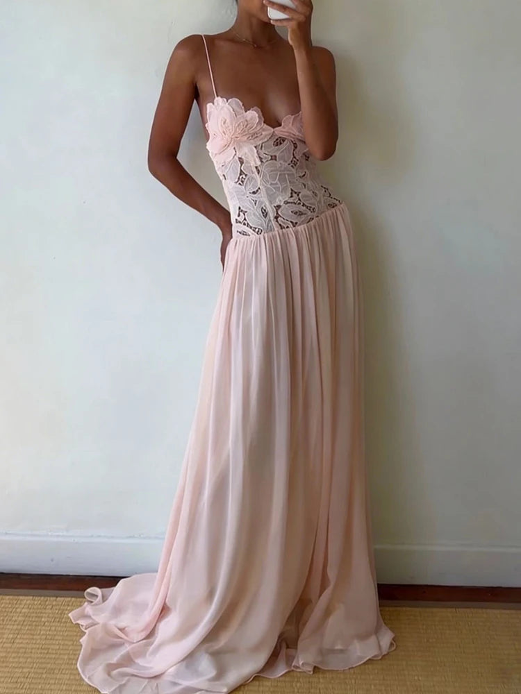 Hollow Out Lace Patchwork Sleeveless Dress With V Neck