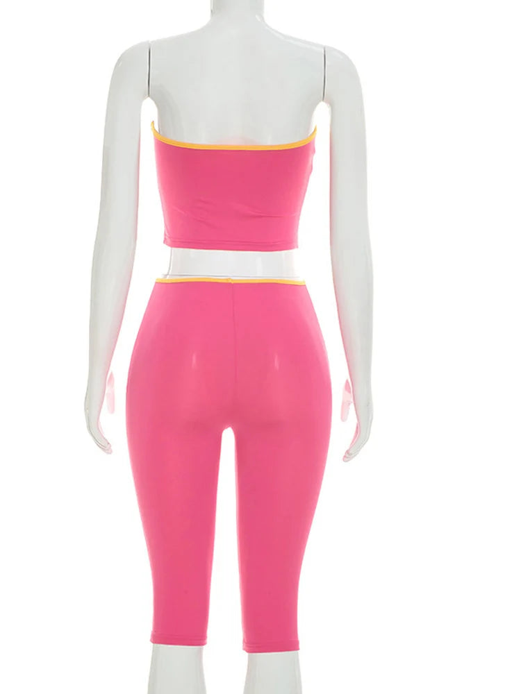 Retro Pink Two Piece Set For Women Tube Top And Capri Pants Summer Streetwear Lounge Set