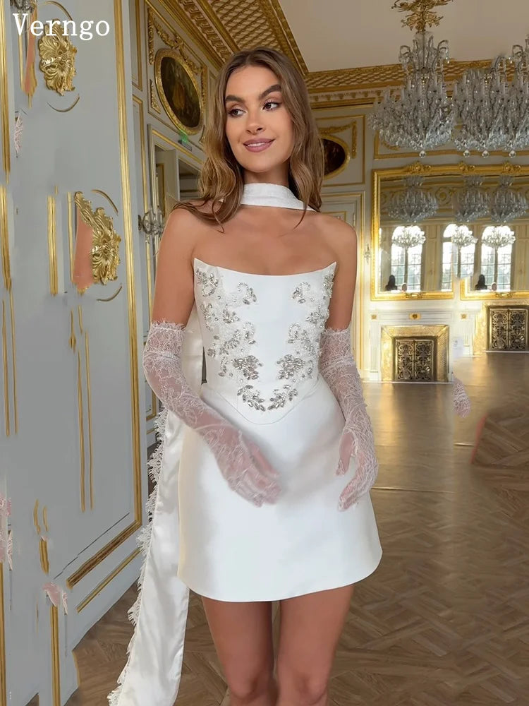 Ivory Satin Mini Wedding Dress With Sequined Appliques And Draped Train Elegant Bride