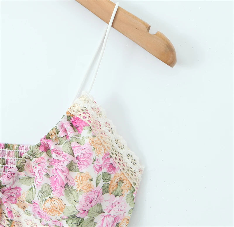 Floral Print Chiffon Sexy Backless Slim Super Short Lace Camis Top