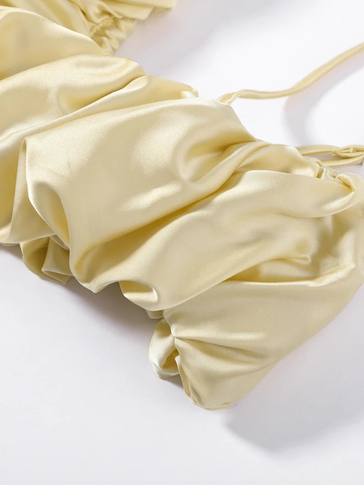 Women's Trousers 2 Pcs Suits Pleated Spaghetti Strap Cropped Tube Tops Elastic Waist Lace Up Pants