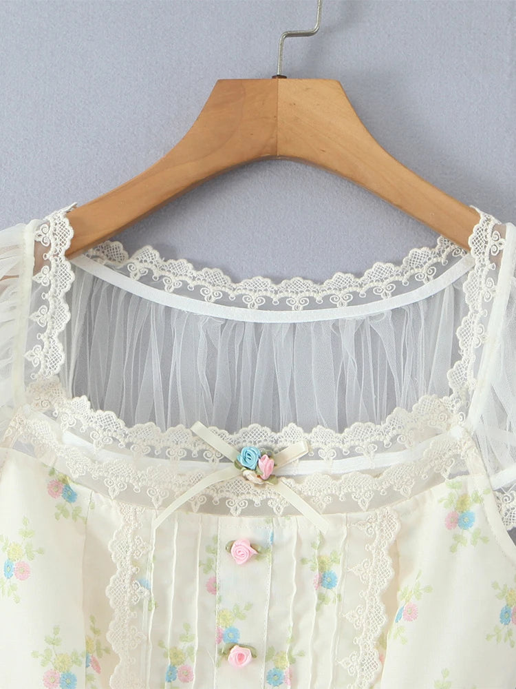 Sweet Floral Print Chic Lace Short Blouses Vintage Square Collar Puff Sleeve Slim Shirt