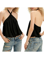 Cross Button Halter Top With Backless Design And Puffball Hem