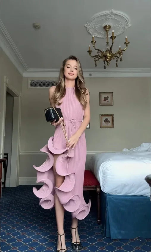 Sexy Knot Waist Lace Trim Midi Dress Sleeveless High Collar