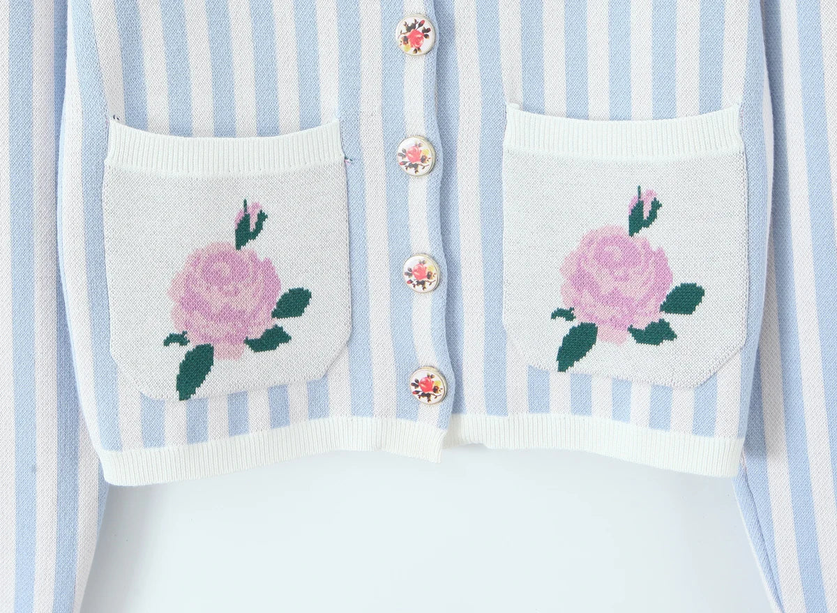 Sweet Blue White Striped Button Through Pointelle Knit Cardigan Sweater Woman Full Puff Sleeve Jumper Cropped Knitwear