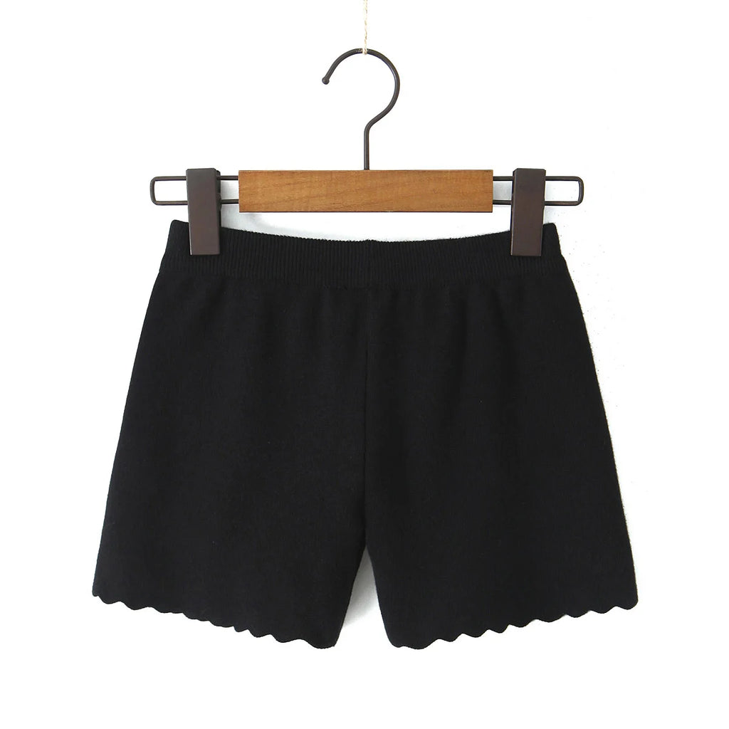 Vintage Two-piece Knit Cardigan And Elastic Waist Shorts Set