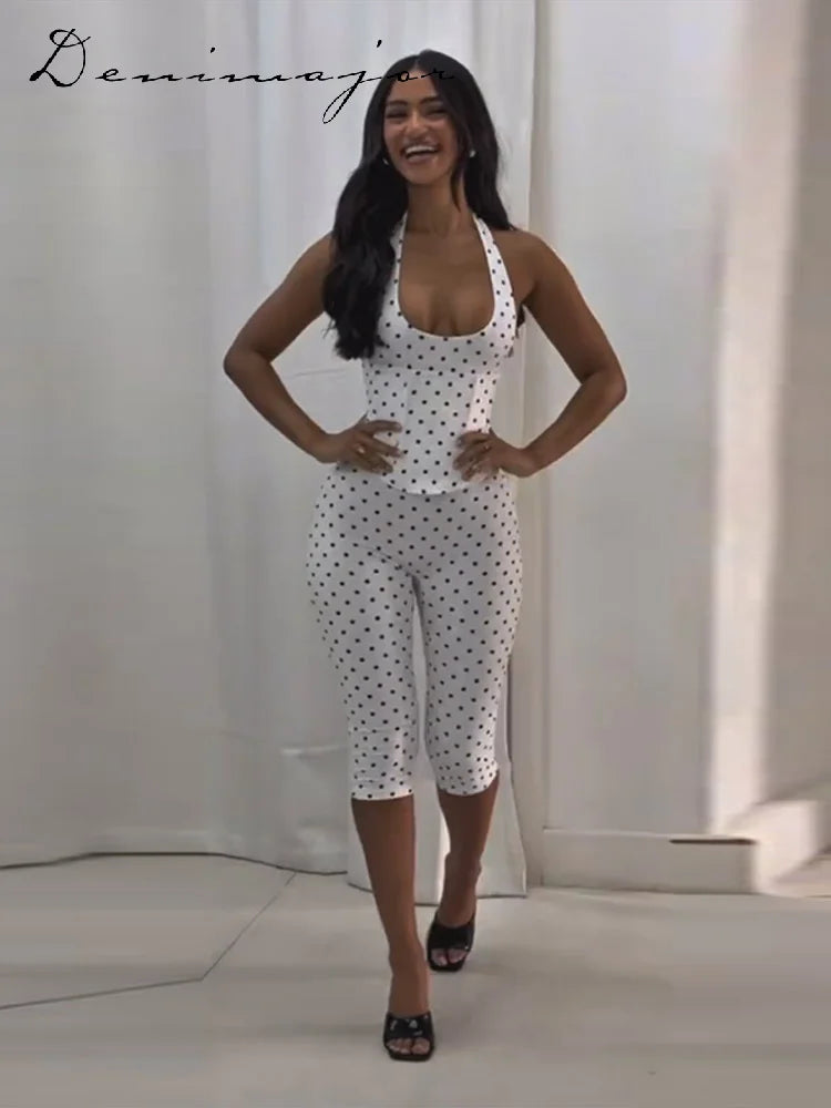 Chic Polka Dot Two Piece Set With Halter Lace Up Corset Top And Cropped Pants Y2K Inspired Outfit