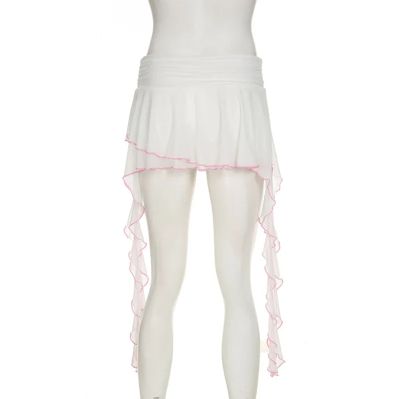 Irregular Mesh Ruffle Edge Low Waist Short Skirt