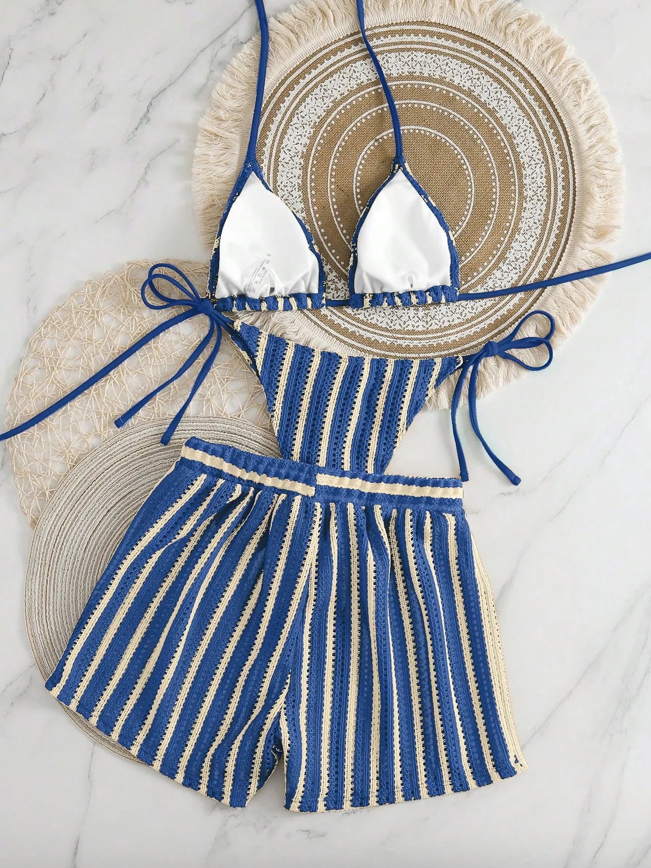 Retro Striped 3 Pieces Knitted Mesh String Bikini Set Swimsuit