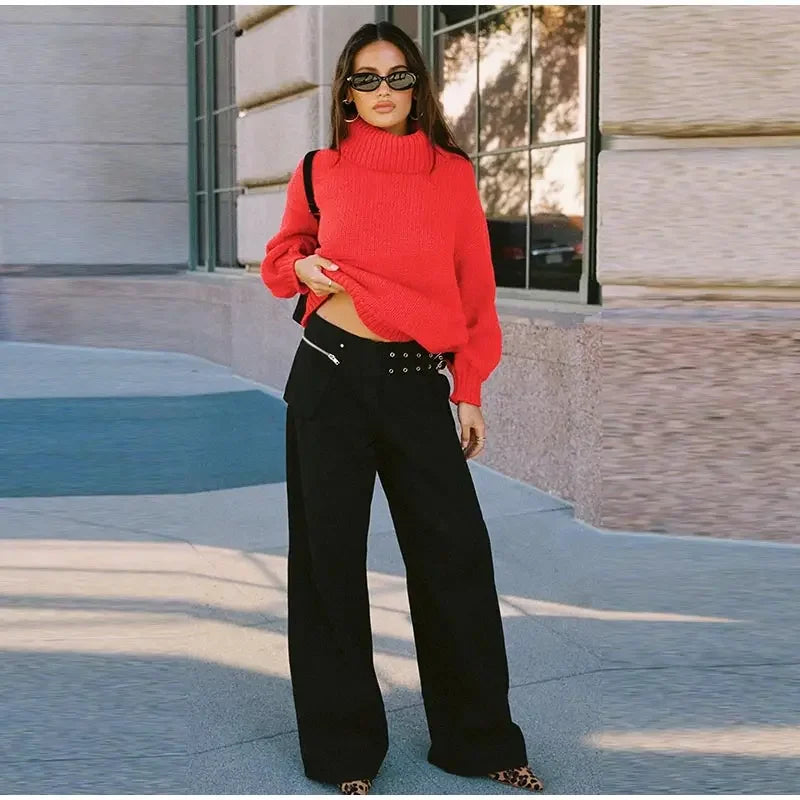 Street Style Mid Rise Wide Leg Denim Pants With Deep Pockets