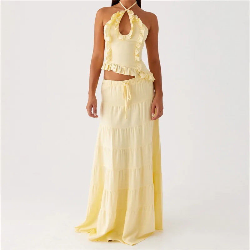 Halter Crop Two Piece Maxi Skirt Set With Ruffle Tiered Flowing Silhouette