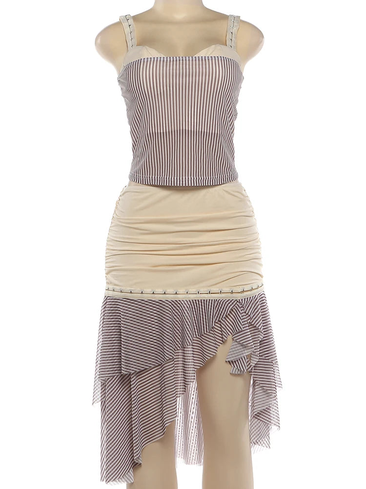 Striped Two Piece Set With Backless Tank Top And Tiered Mini Skirt