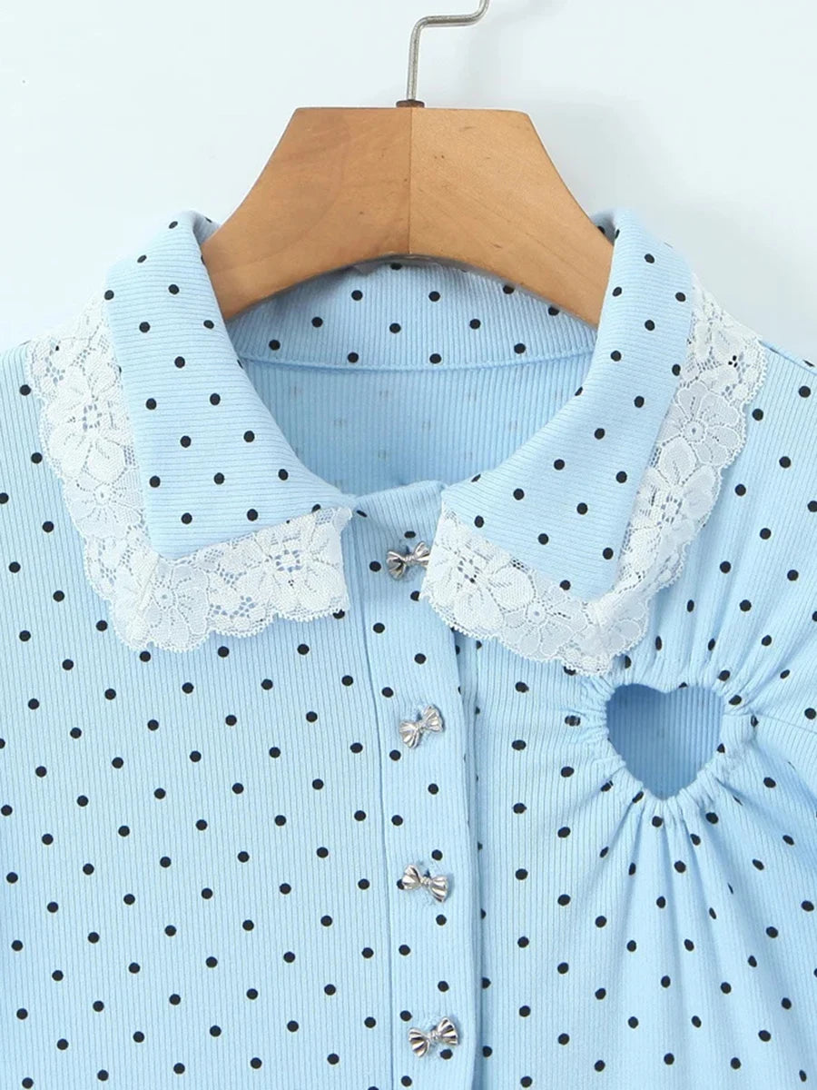 Dreamy Blue Polka Dot Puff Sleeve With Cutout Lace Trim