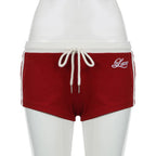 Embroidery Letter Contrast Set With Backless Camisole Top And Drawstring Elastic Shorts
