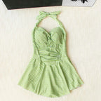 Plaid Backless Swim Dress With Halter Neck