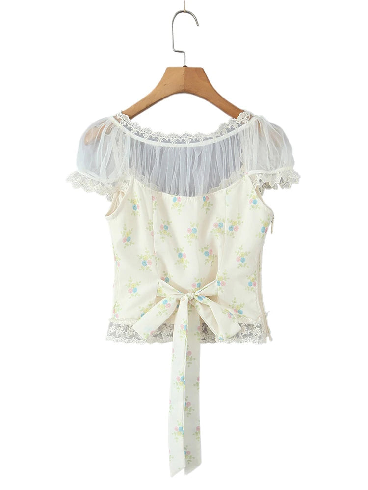 Sweet Floral Print Chic Lace Short Blouses Vintage Square Collar Puff Sleeve Slim Shirt