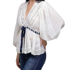Bow Tie Front Blouse With Long Puff Sleeves V Neck Babydoll Peplum Ruffle Pleats