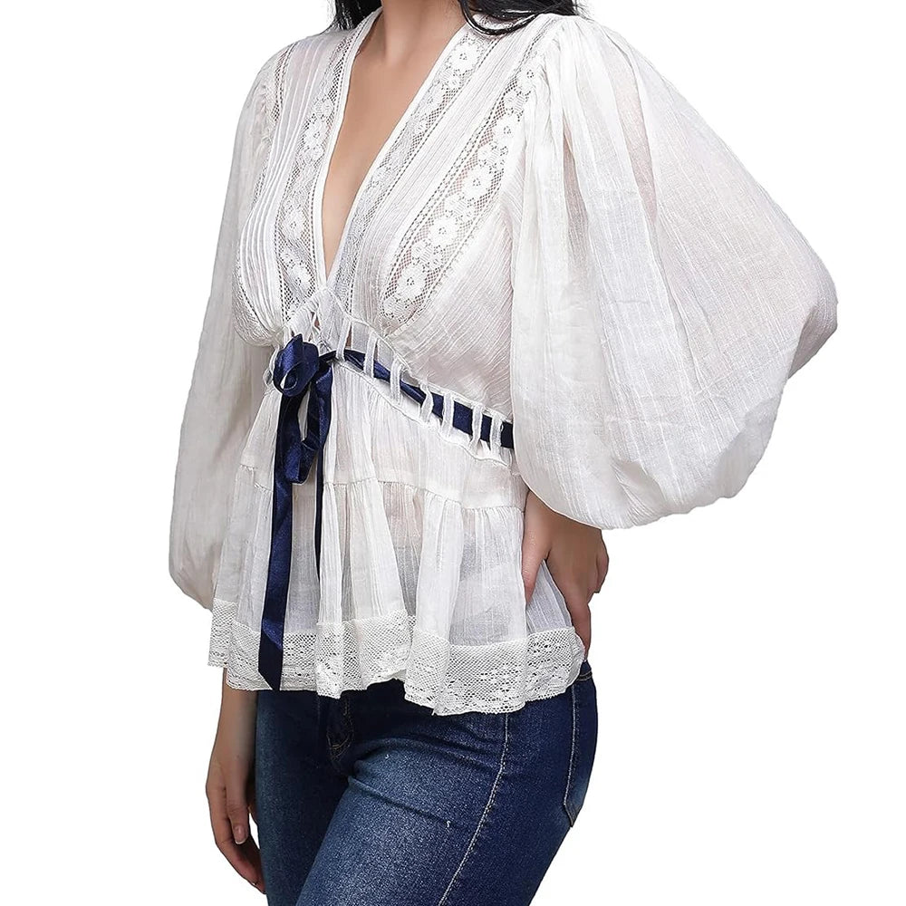 Bow Tie Front Blouse With Long Puff Sleeves V Neck Babydoll Peplum Ruffle Pleats