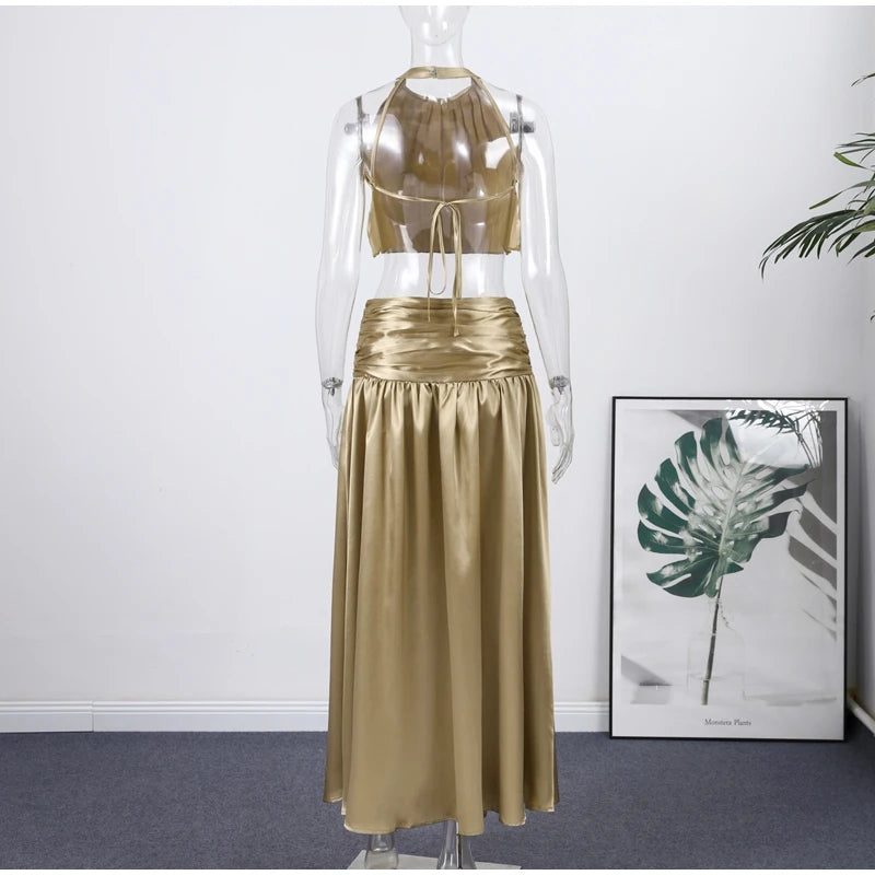 Two Piece Set Solid Color O Neck Top With Backless Lace Up And High Waist A Line Skirt