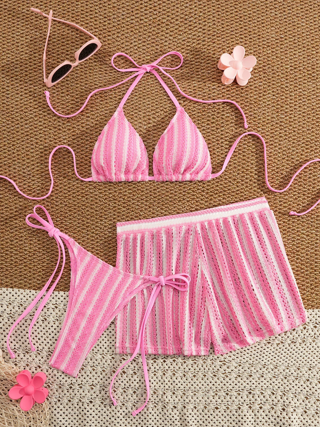 Retro Striped 3 Pieces Knitted Mesh String Bikini Set Swimsuit