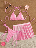 Retro Striped 3 Pieces Knitted Mesh String Bikini Set Swimsuit