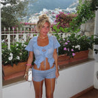 Lacework Lace Up Short Sleeve Top Slim Mini Shorts Knitted Set