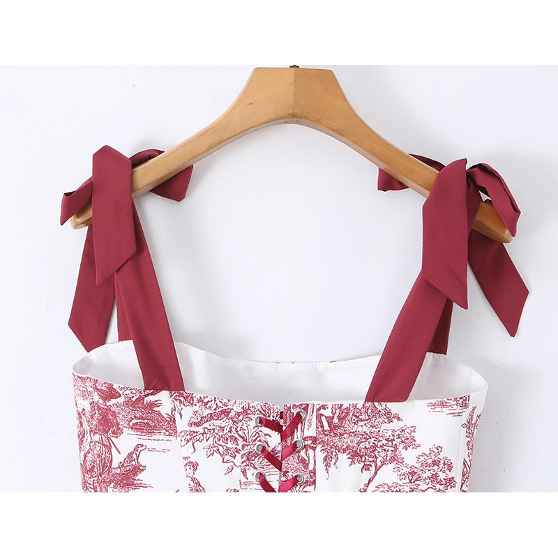 Sexy Women's Print Corset Top Bow Tie Straps Lacing Up Back Top