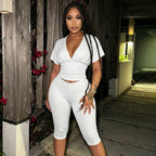 Two Piece Solid Color Set With Deep V Neck Ruched Crop Top And Capri Pants