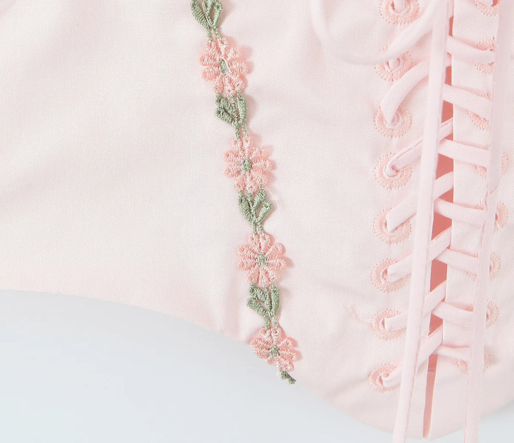 Pink Embroidered Floral Halter Corset Camisole With Ruched Chest Bow And Cross Lacing