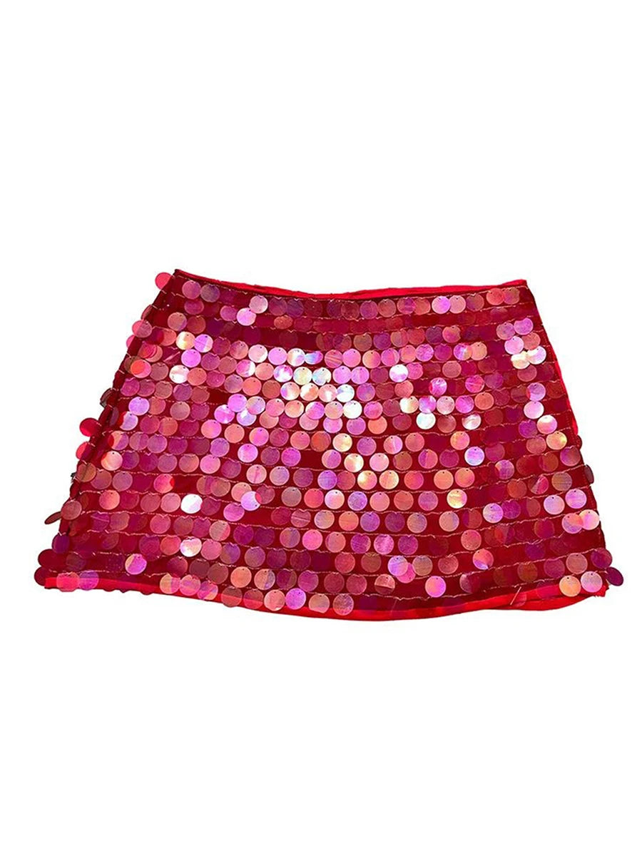 Sequin Side Split Mini Skirt With High Waist And Lace Up Detail