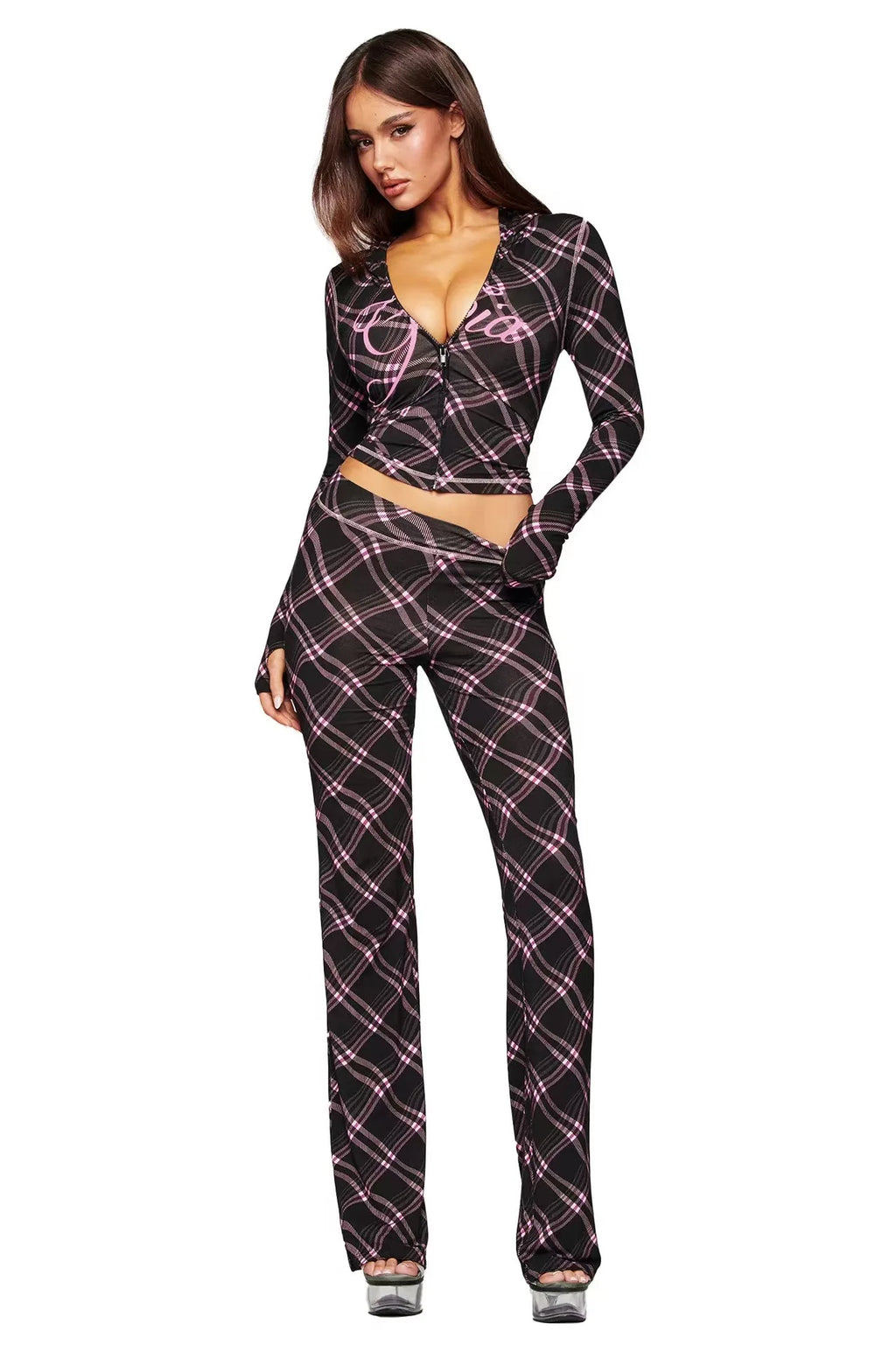 Two Piece Slim Fit Letter Print Hooded Zipper Jacket And Pants Set Open Thread Design