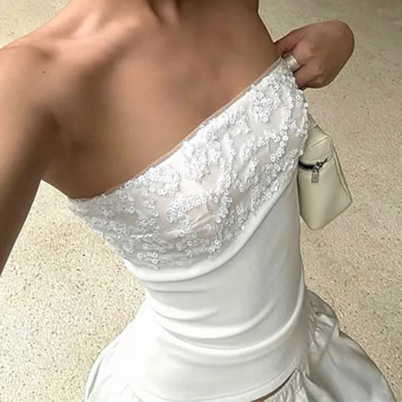Fairycore White Tube Top With Backless Patchwork Bandeau