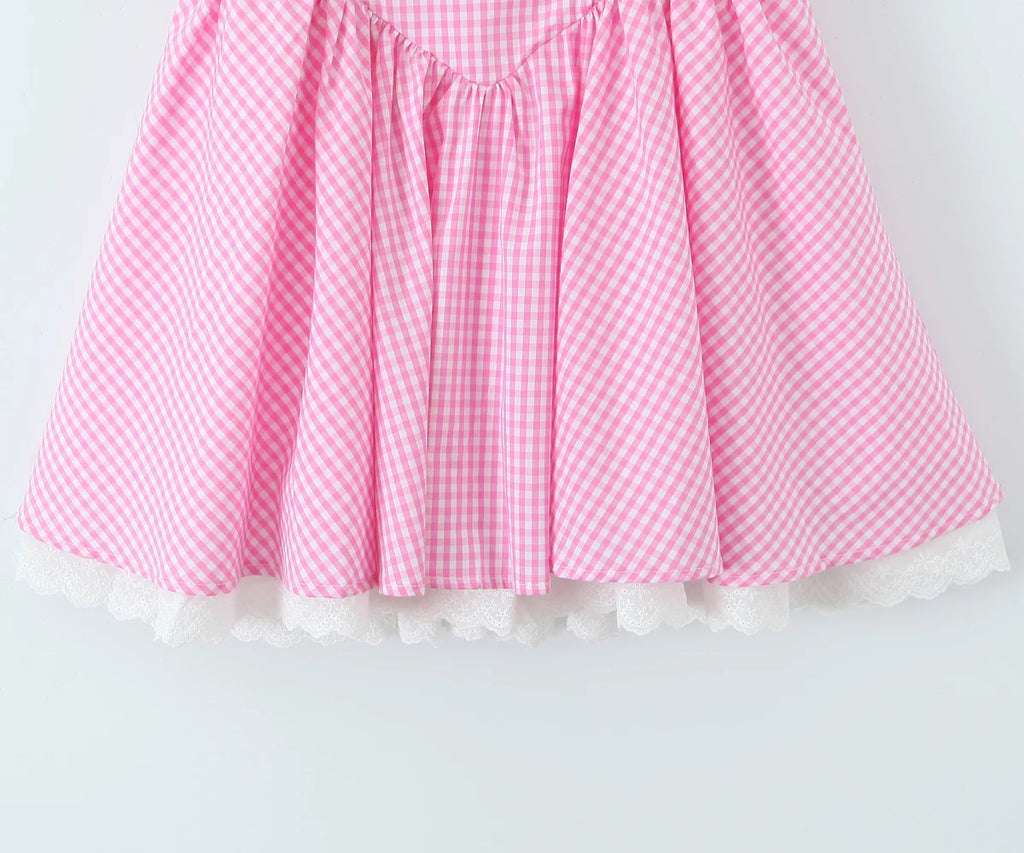 Pink Plaid Bow Sling With Lacing Up Detail For Women Slim Waist Ruched Skater Mini Dress