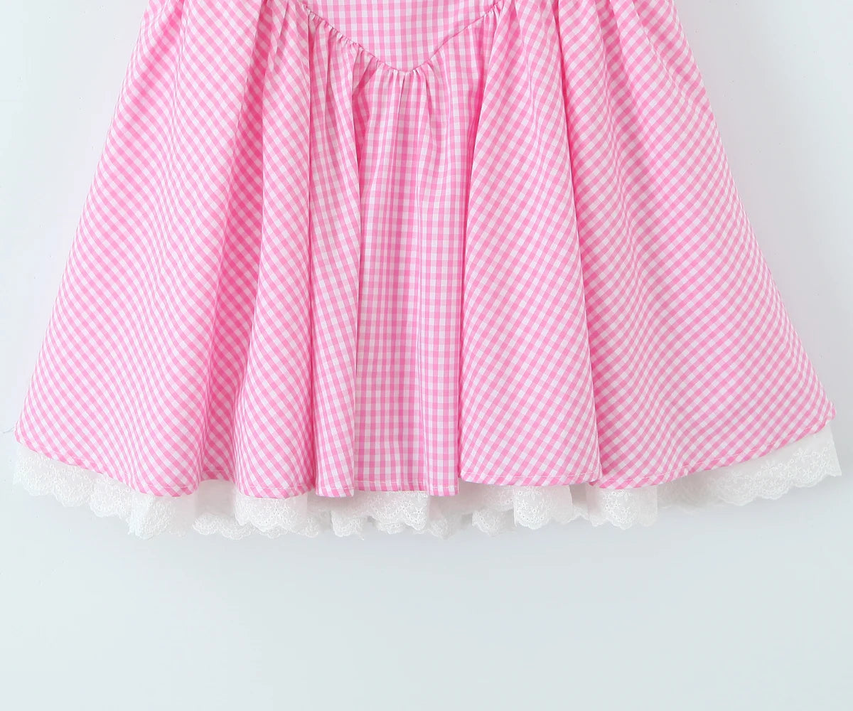Pink Plaid Bow Sling With Lacing Up Detail For Women Slim Waist Ruched Skater Mini Dress