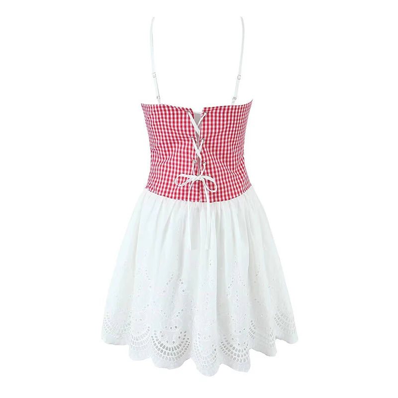 Sexy Women Plaid Spliced Sling Mini Summer Dress Lacing Up Bandage Back A-line Cotton Dress