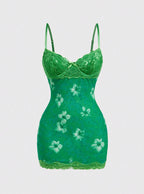 Lace Mini Dress With Spaghetti Straps High Waist Backless Retro Print