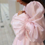 Fashion High Neck Asymmetric Women's Puff Sleeve Trim Ruffle Pink Single-breasted Blouse