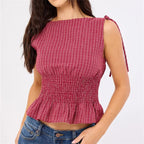Gingham Tie Shoulder Tank Top With Shirred Ruffle Babydoll Silhouette Vintage Inspired
