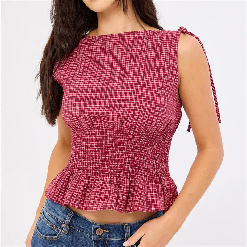 Gingham Tie Shoulder Tank Top With Shirred Ruffle Babydoll Silhouette Vintage Inspired