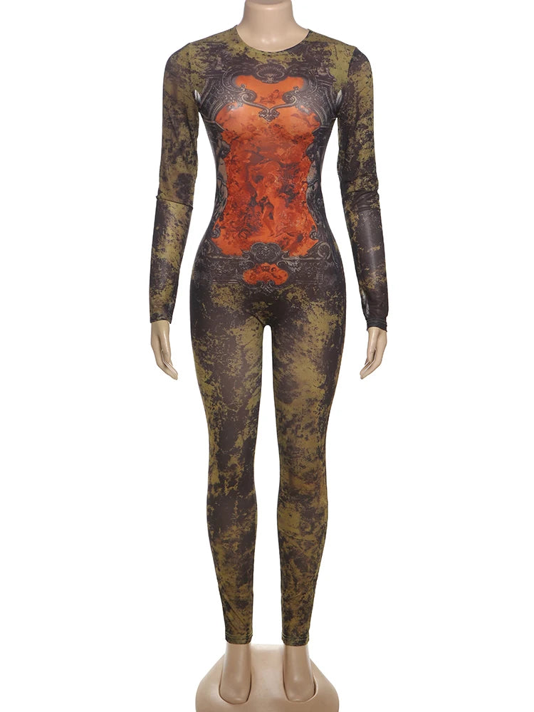 Tie Dye Jumpsuit With O Neck Zip Front Slim Streetwear Overalls