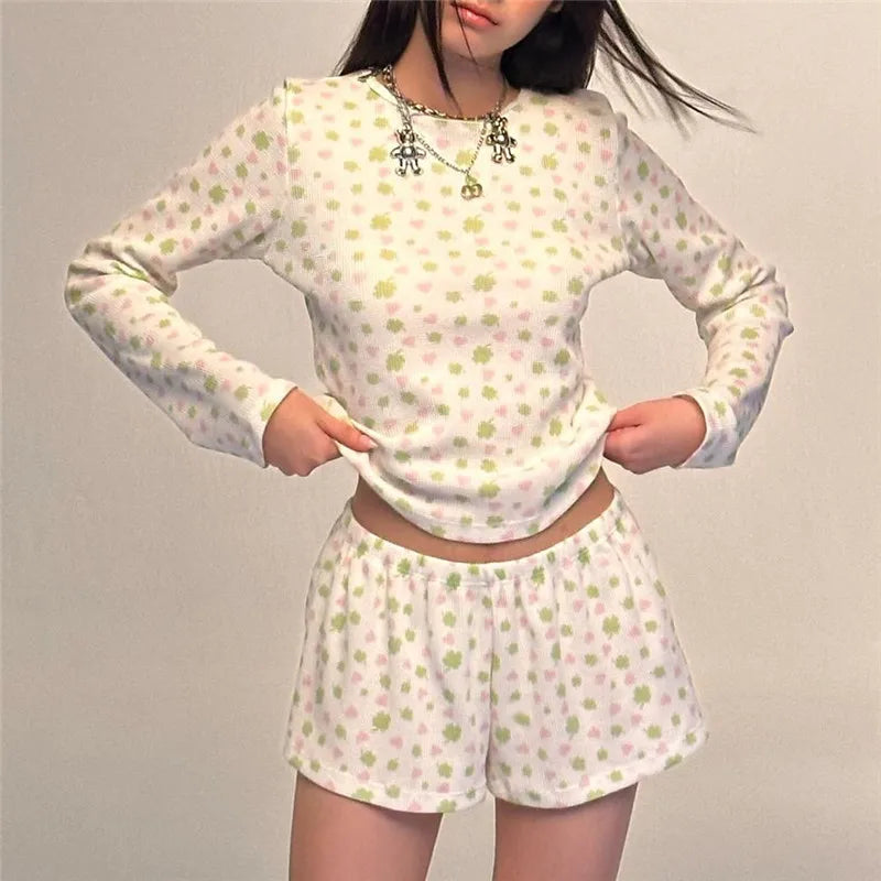 Floral Knit Pajama Set With Crop Top And Low Waist Shorts