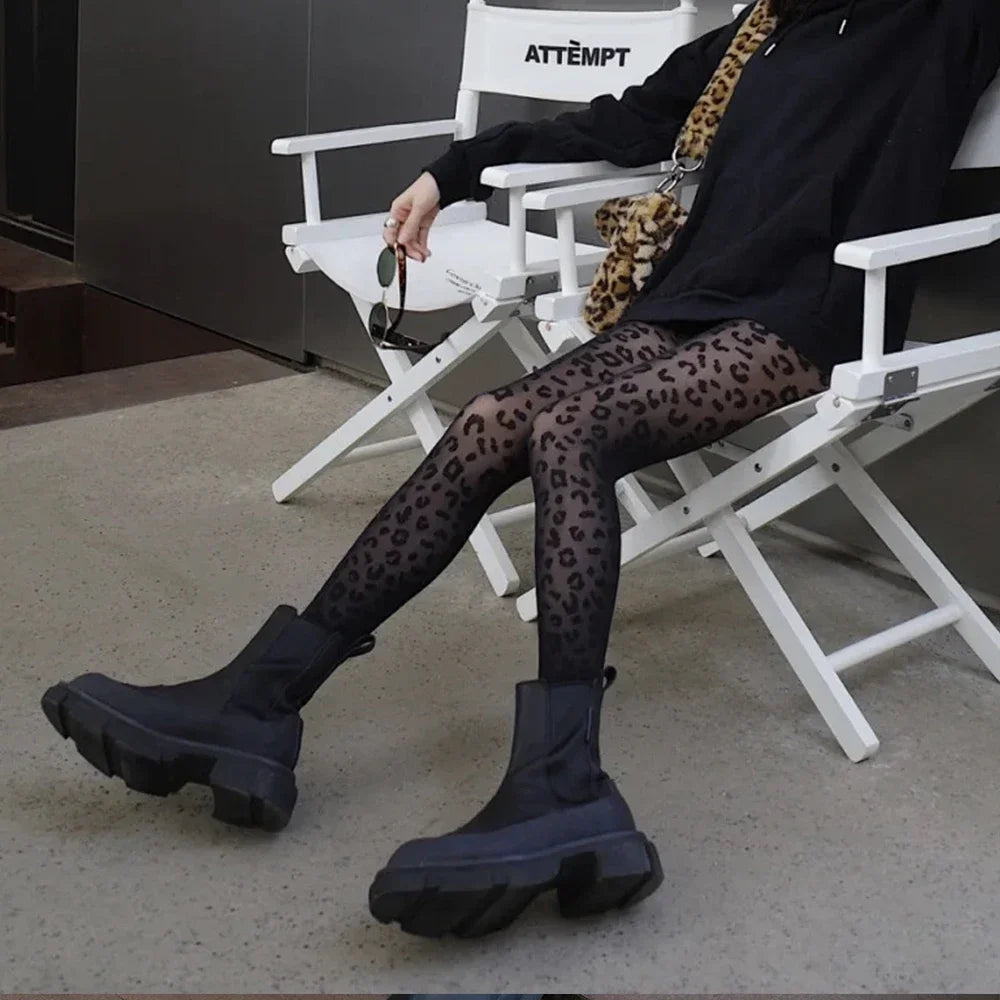 Leopard Pattern Sheer Pantyhose In Gothic Black Silky Finish Vintage Look Stockings
